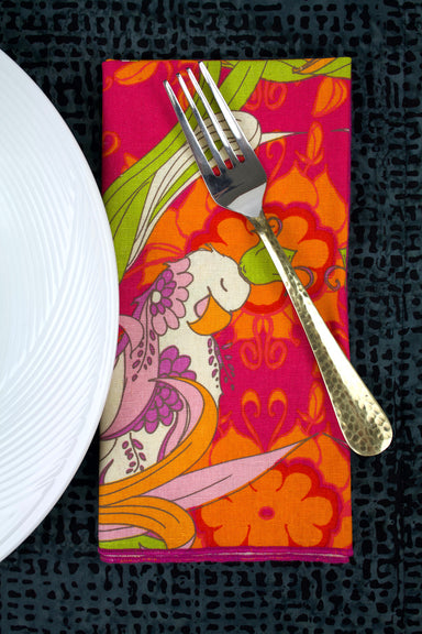 Bird of Paradise Linen Napkins - (Set of 4)-The Blue Peony-Animal_Bird,Category_Napkins,Category_Table Linens,Color_Orange,Color_Pink,Department_Kitchen,Material_Linen,Pattern_Floral