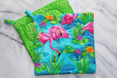 Florida Flamingo Potholder (more colors available)-The Blue Peony-Animal_Flamingo,Category_Pot Holder,Color_Lime Green,Color_Pink,Color_Teal,Department_Kitchen,Pattern_Animal Print,Size_Traditional (Square),Theme_Animal,Theme_Summer,Theme_Tropical