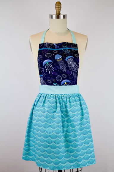 Into The Deep Vienna Style Apron-The Blue Peony-Age Group_Adult,Apron Style_Vintage Feminine,Category_Apron,Color_Blue,Color_Teal,Department_Kitchen,Material_Cotton,Theme_Animal,Theme_Water Life