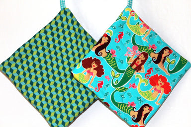 Little Mermaid Friends Potholder-The Blue Peony-Animal_Mermaid,Category_Pot Holder,Color_Aqua,Color_Green,Color_Teal,Department_Kitchen,Size_Traditional (Square),Theme_Tropical,Theme_Water Life