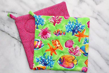Tropics Potholder-The Blue Peony-Animal_Fish,Category_Pot Holder,Color_Lime Green,Color_Pink,Department_Kitchen,Size_Traditional (Square),Theme_Animal,Theme_Tropical,Theme_Water Life