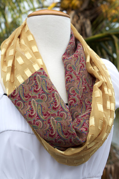 Gilded Infinity Scarf-The Blue Peony-Category_Infinity Scarf,Color_Brown,Color_Gold,Color_Maroon,Department_Personal Accessory,Material_Polyester,Pattern_Paisley