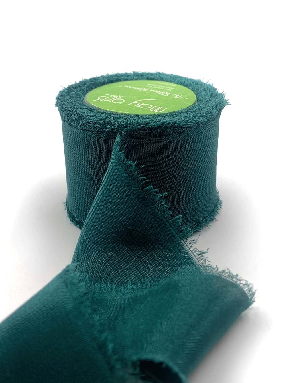 1.25" Rainforest Green 100% Silk Crepe with Frayed Edge Ribbon