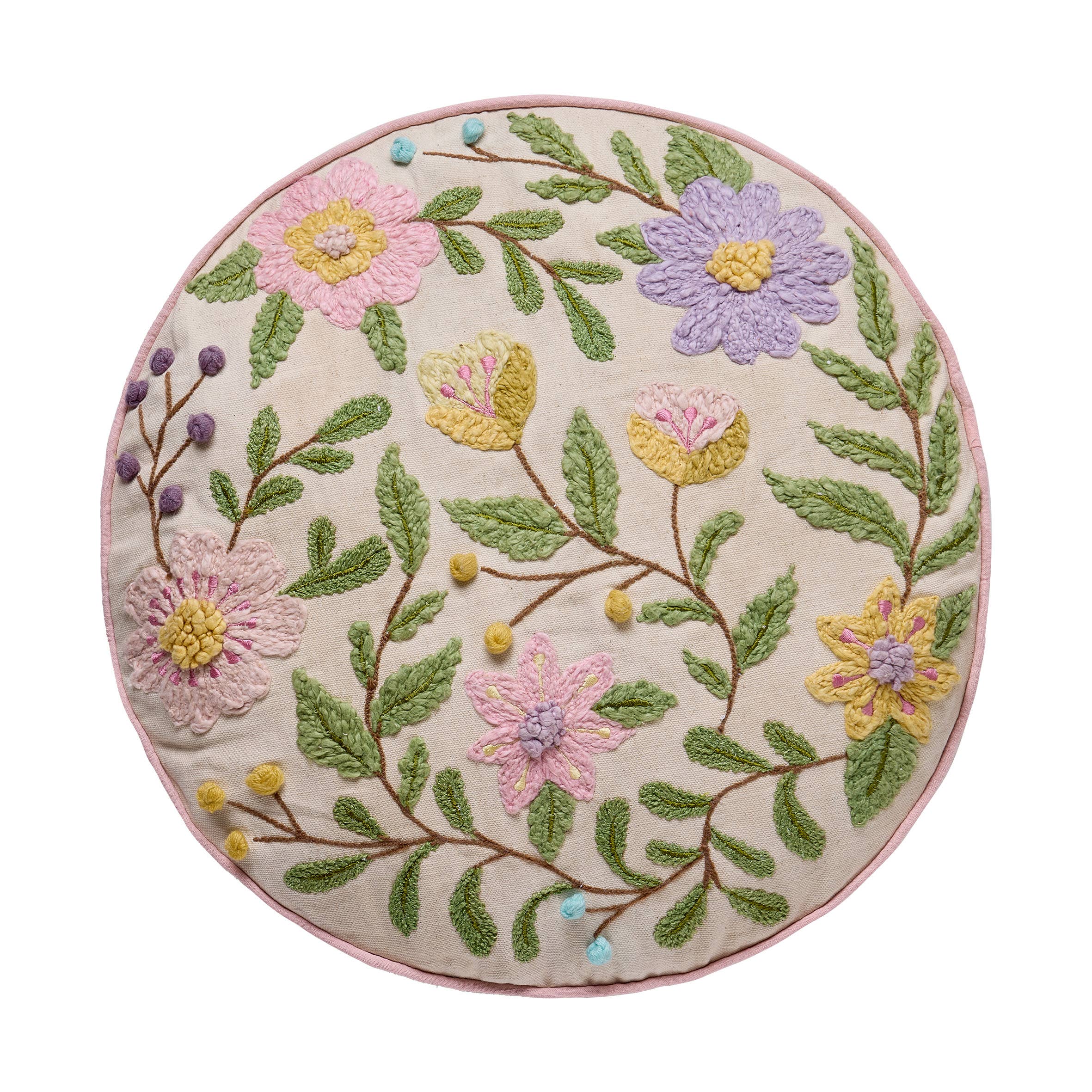 Round Floral Embroidered Pillow