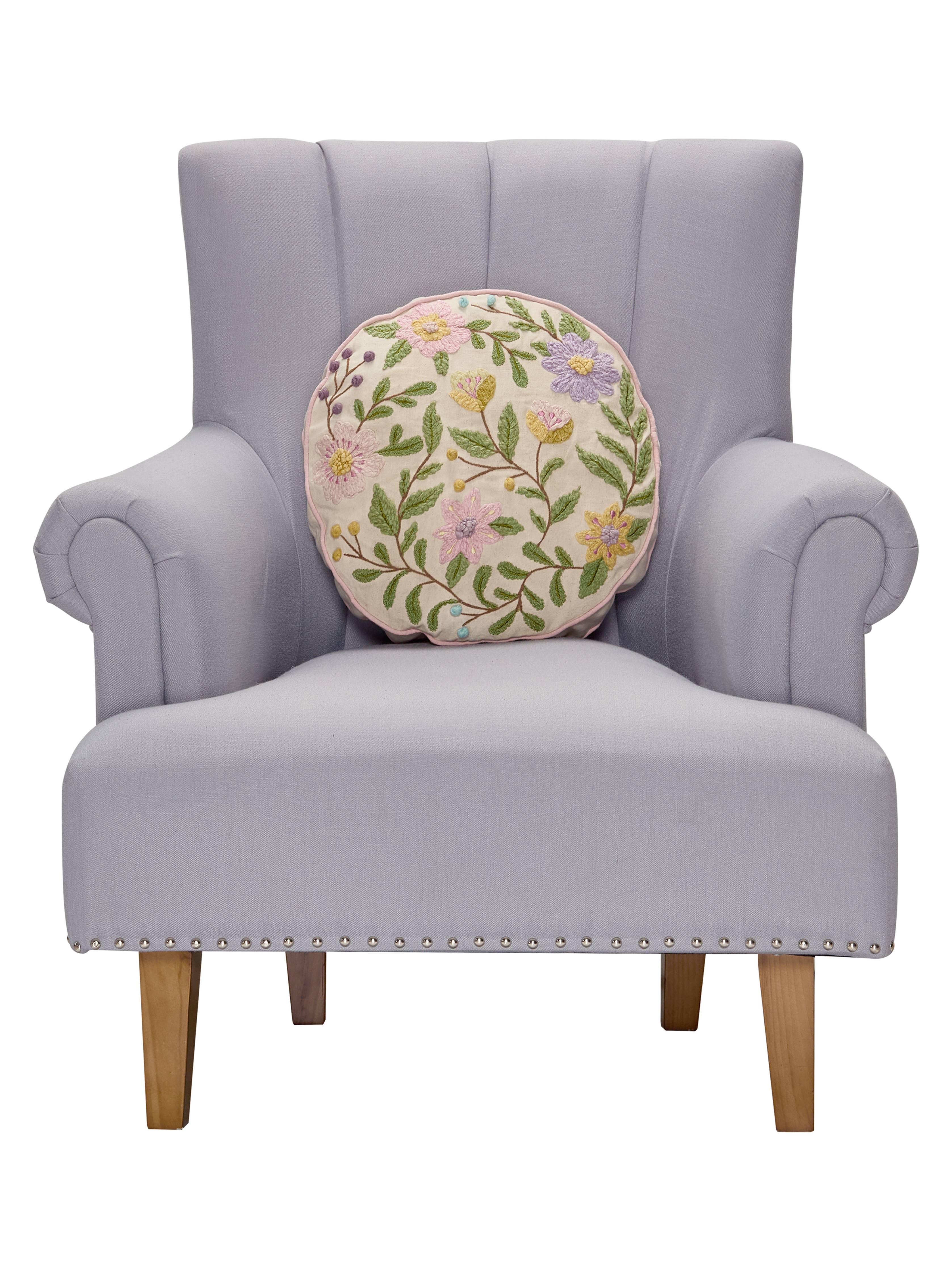 Round Floral Embroidered Pillow