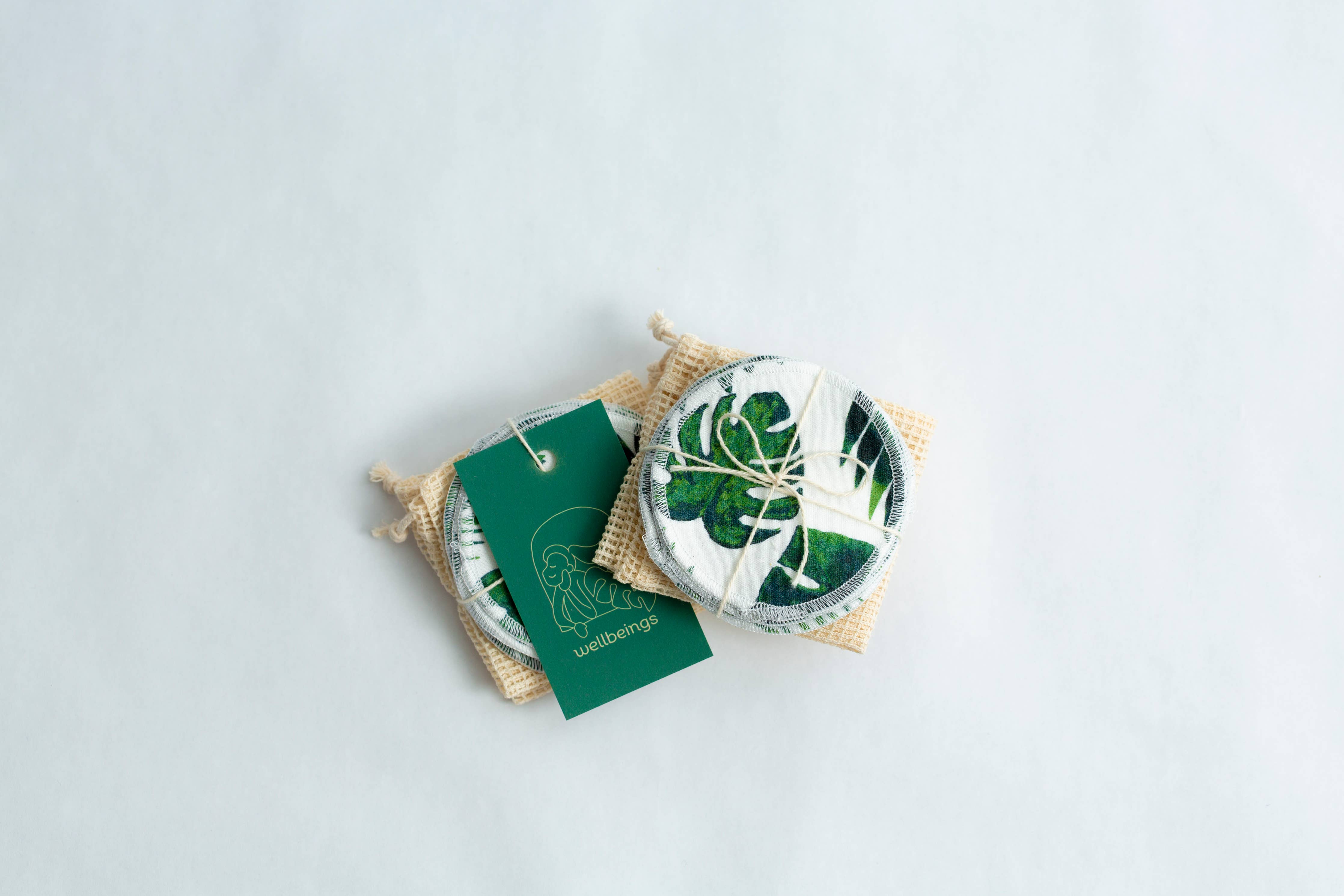 Cotton Facial Rounds | Set of 7 + Wash Bag | Leafy Monstera