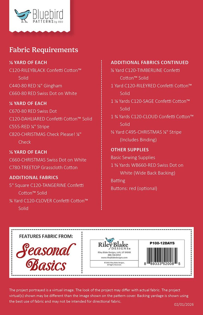 Bluebird Patterns 12 Days of Christmas Quilt Pattern
