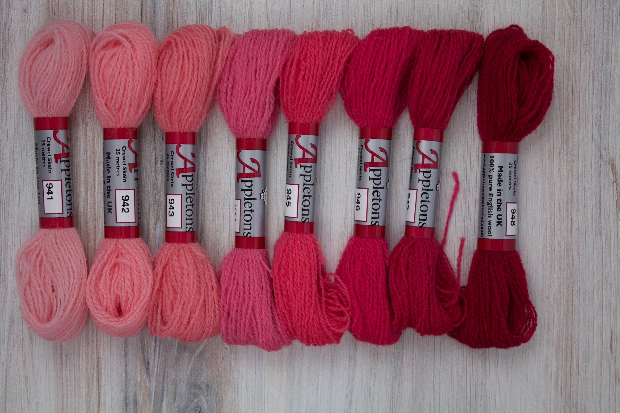 Individual Appletons Crewel Wool Skeins from the Bright Rose Pink Colorway