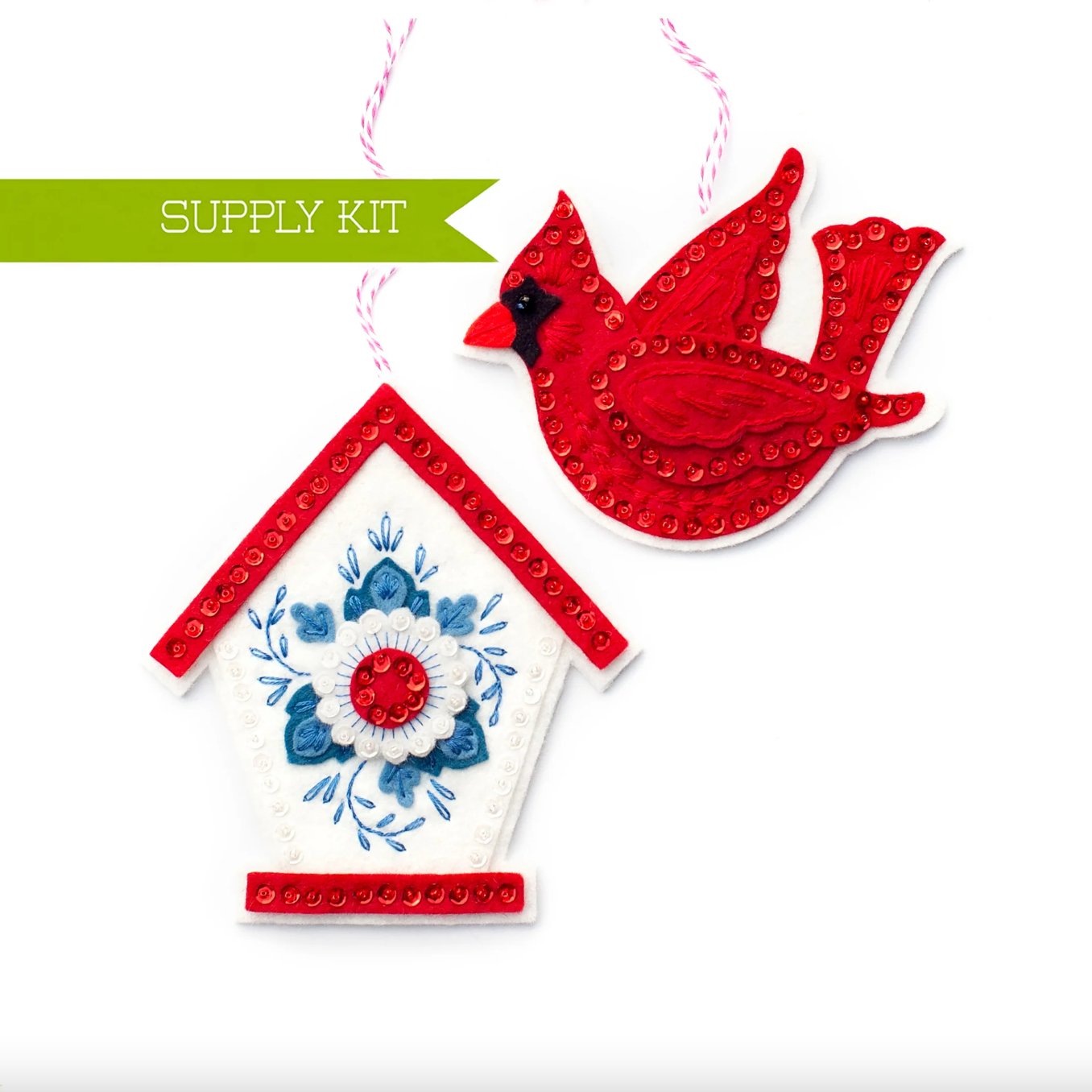 Cardinal and Bird House Wool Felt Ornament Kit