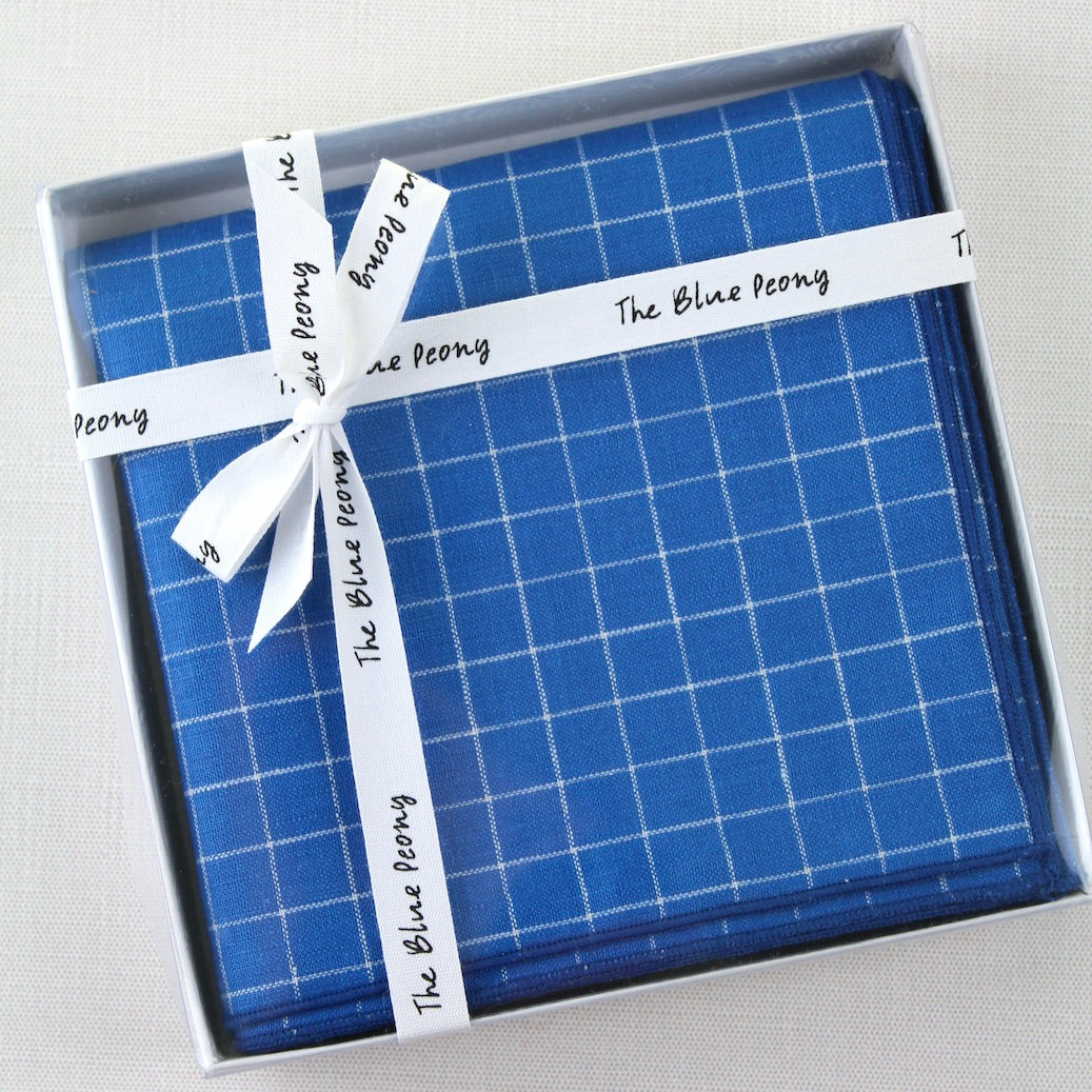 Windowpane Italian Linen Kerchief in Cobalt Blue