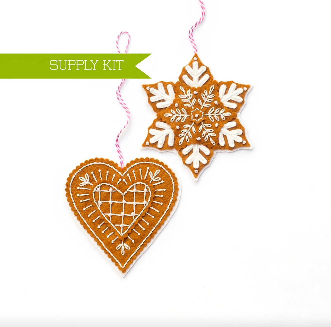 Gingerbread Snowflake and Heart Wool Felt Ornament Kit