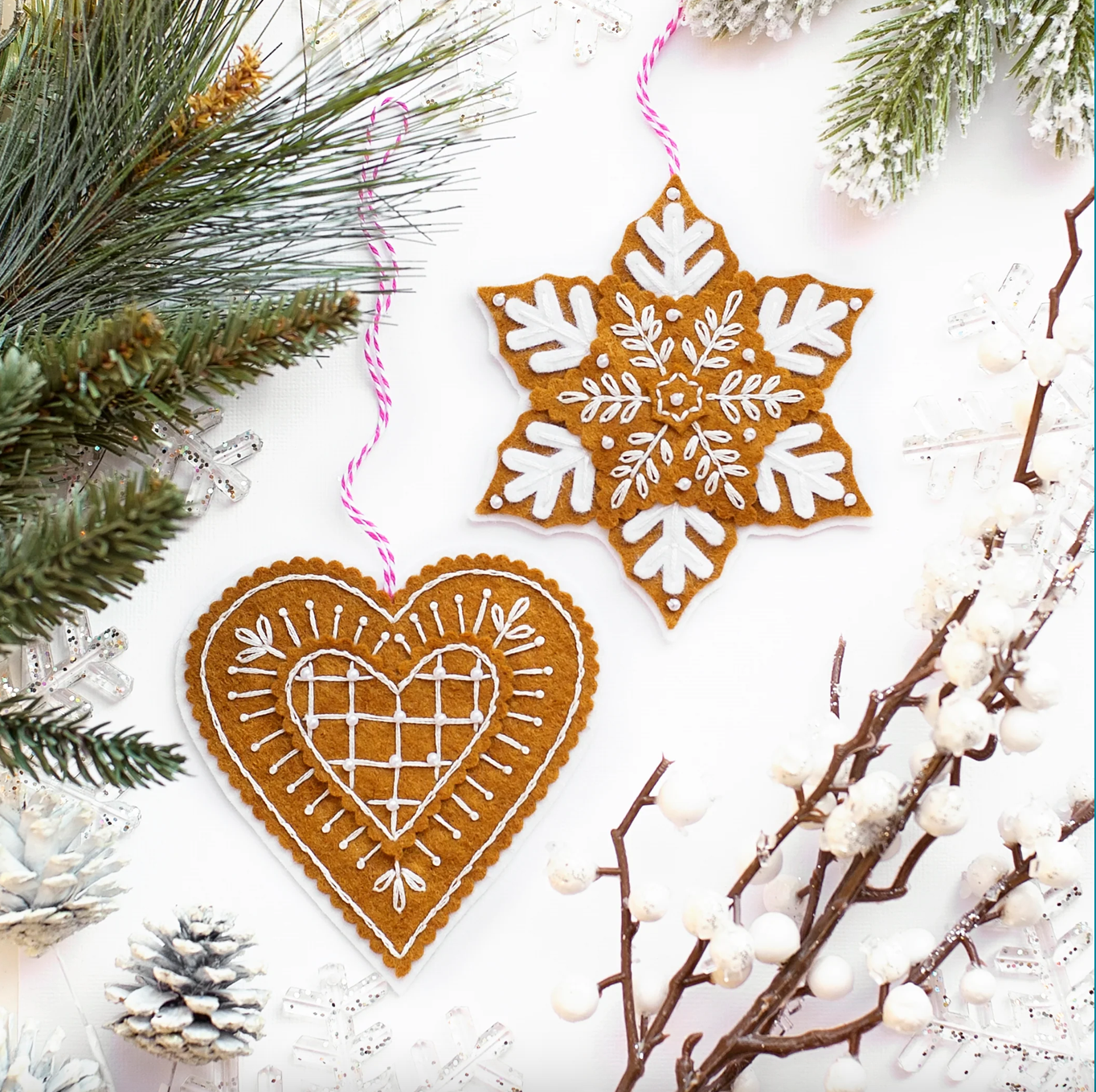 Gingerbread Snowflake and Heart Wool Felt Ornament Kit