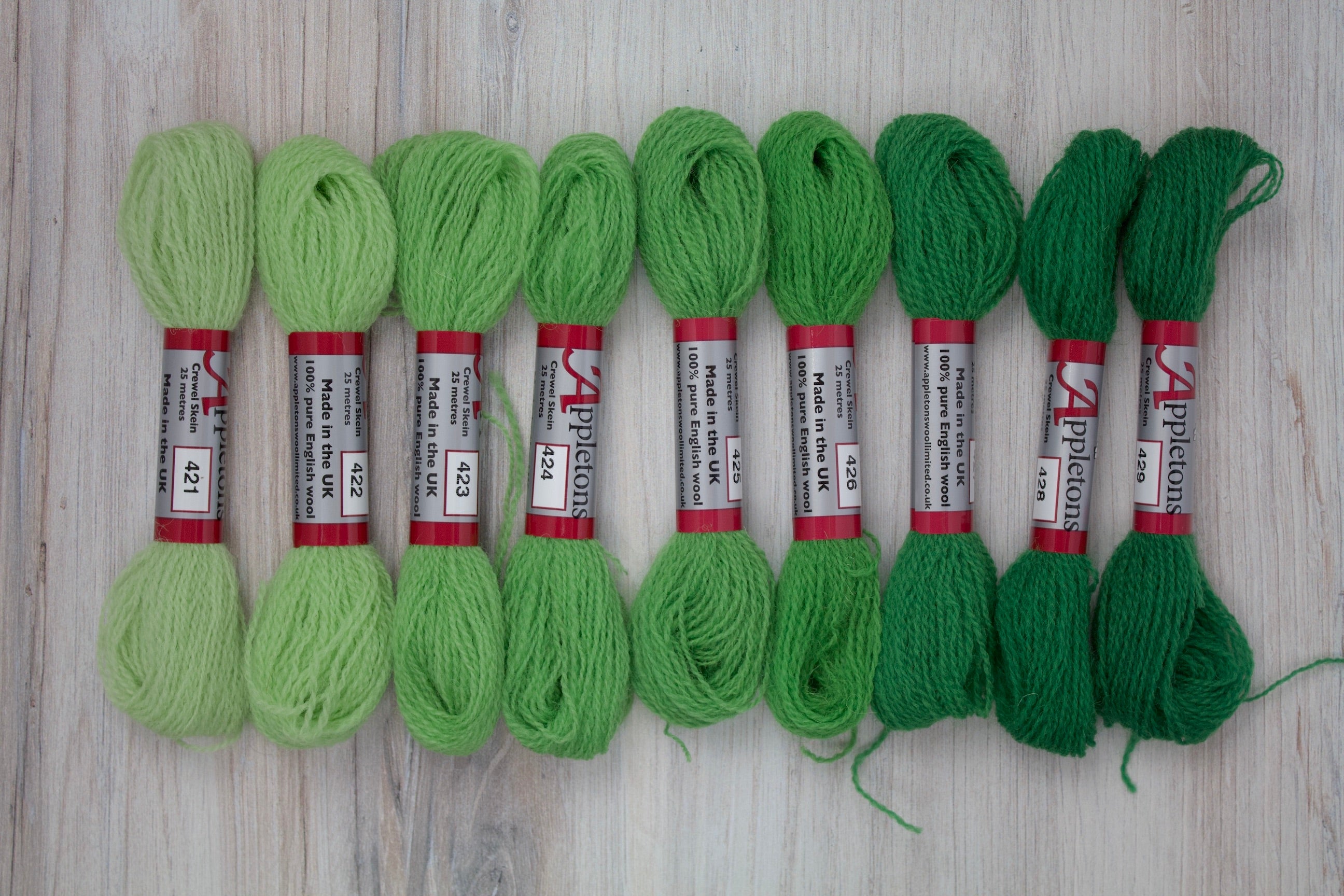 Individual Appletons Crewel Wool Skeins from the Leaf Green Colorway