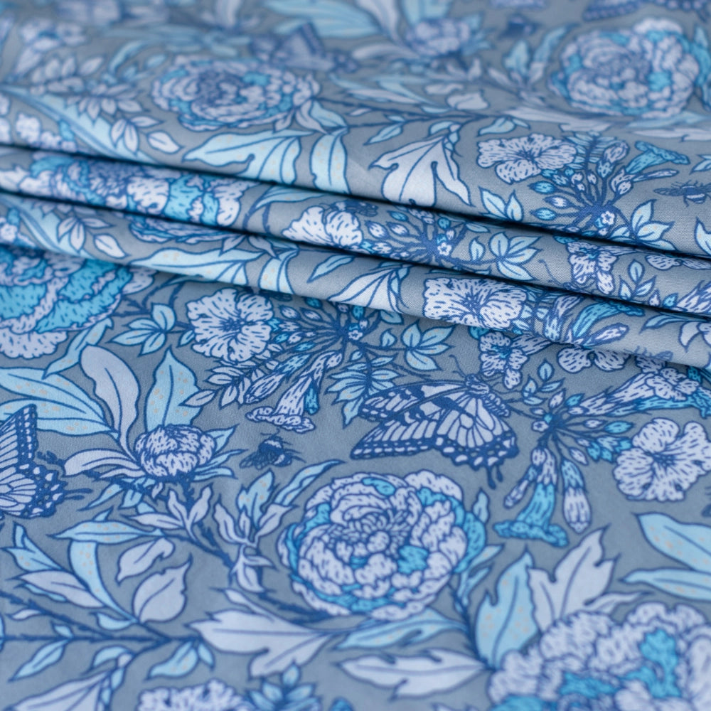 Peonies Tonal Blue Organic Poplin by Birch Fabrics