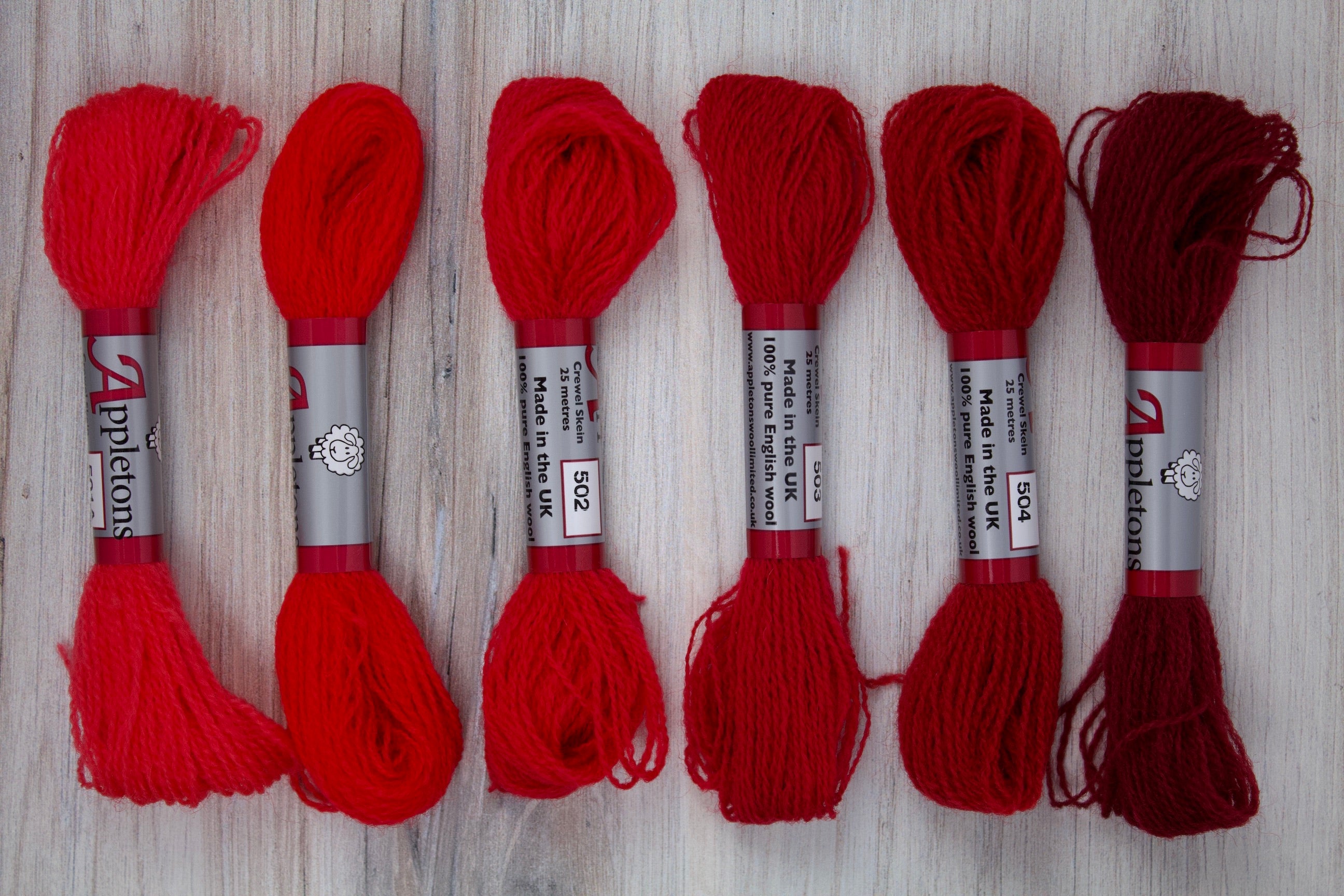 Individual Appletons Crewel Wool Skeins from the Scarlet Colorway