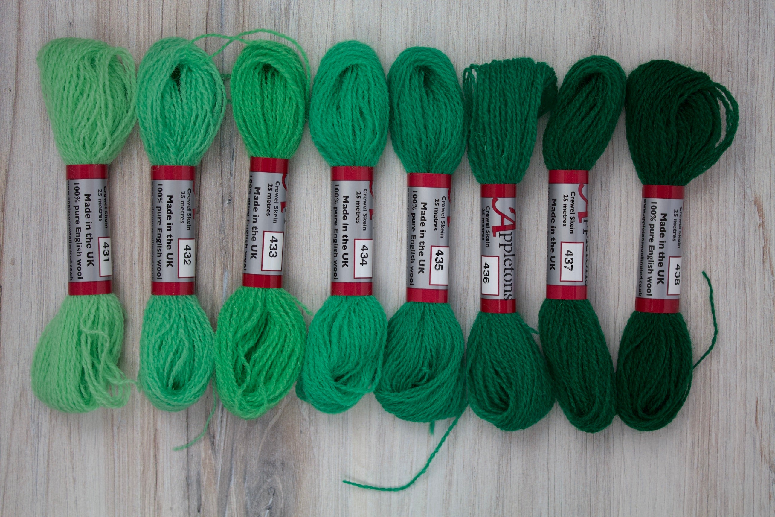 Individual Appletons Crewel Wool Skeins from the Signal Green Colorway