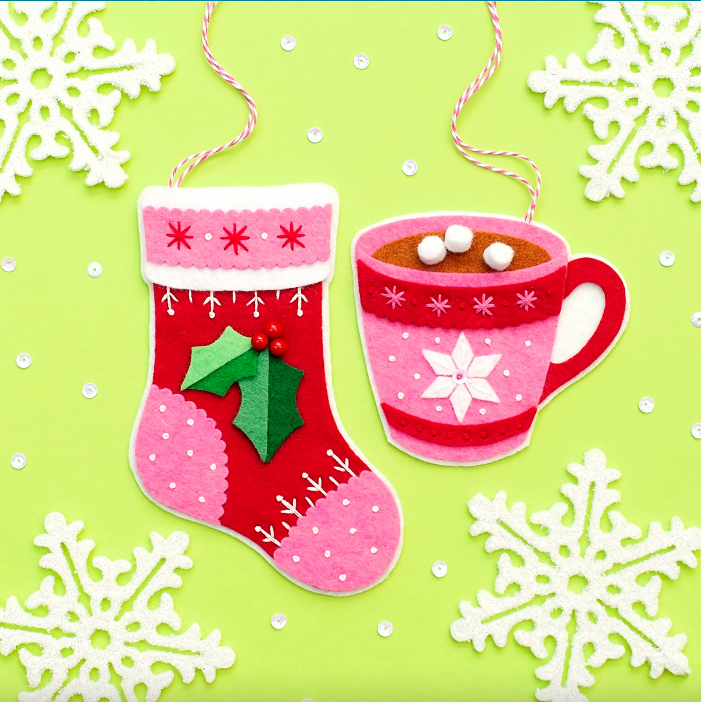 Stocking and Hot Chocolate Wool Felt Ornament Kit