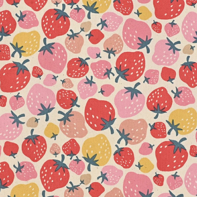 Retro Charm Strawberries Oxford Canvas in Cream