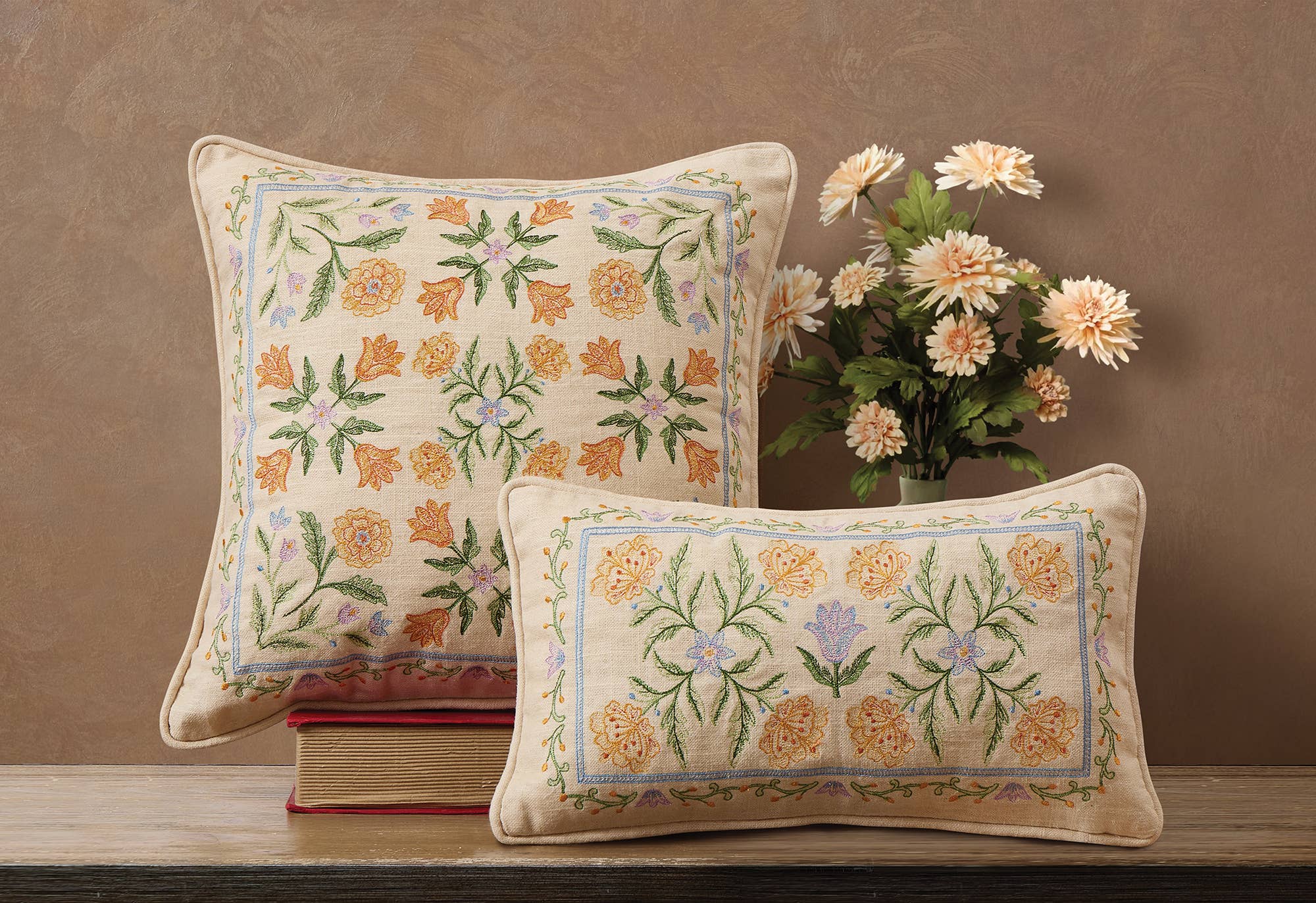Orange/Lavender Mughal Square Embroidered Pillow