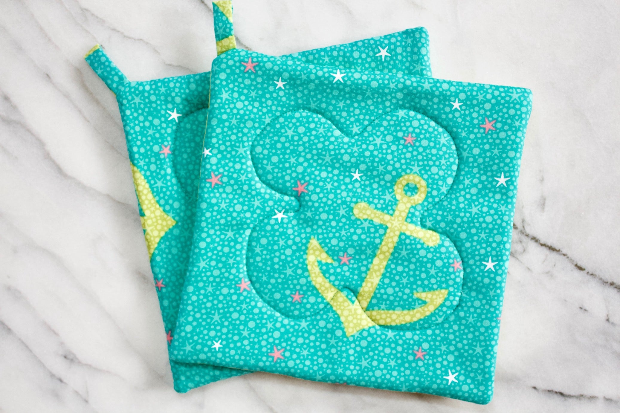 Anchors Away Potholder-The Blue Peony-Category_Pot Holder,Color_Teal,Department_Kitchen,Size_Traditional (Square),Theme_Water Life
