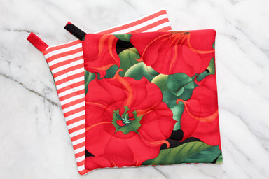 Armada Potholder-The Blue Peony-Category_Pot Holder,Color_Red,Department_Kitchen,Pattern_Floral,Pattern_Stripes,Size_Traditional (Square)