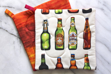 Beer Potholder-The Blue Peony-Category_Pot Holder,Color_Cream,Color_Green,Color_Maroon,Color_Orange,Department_Kitchen,Size_Traditional (Square),Theme_Food