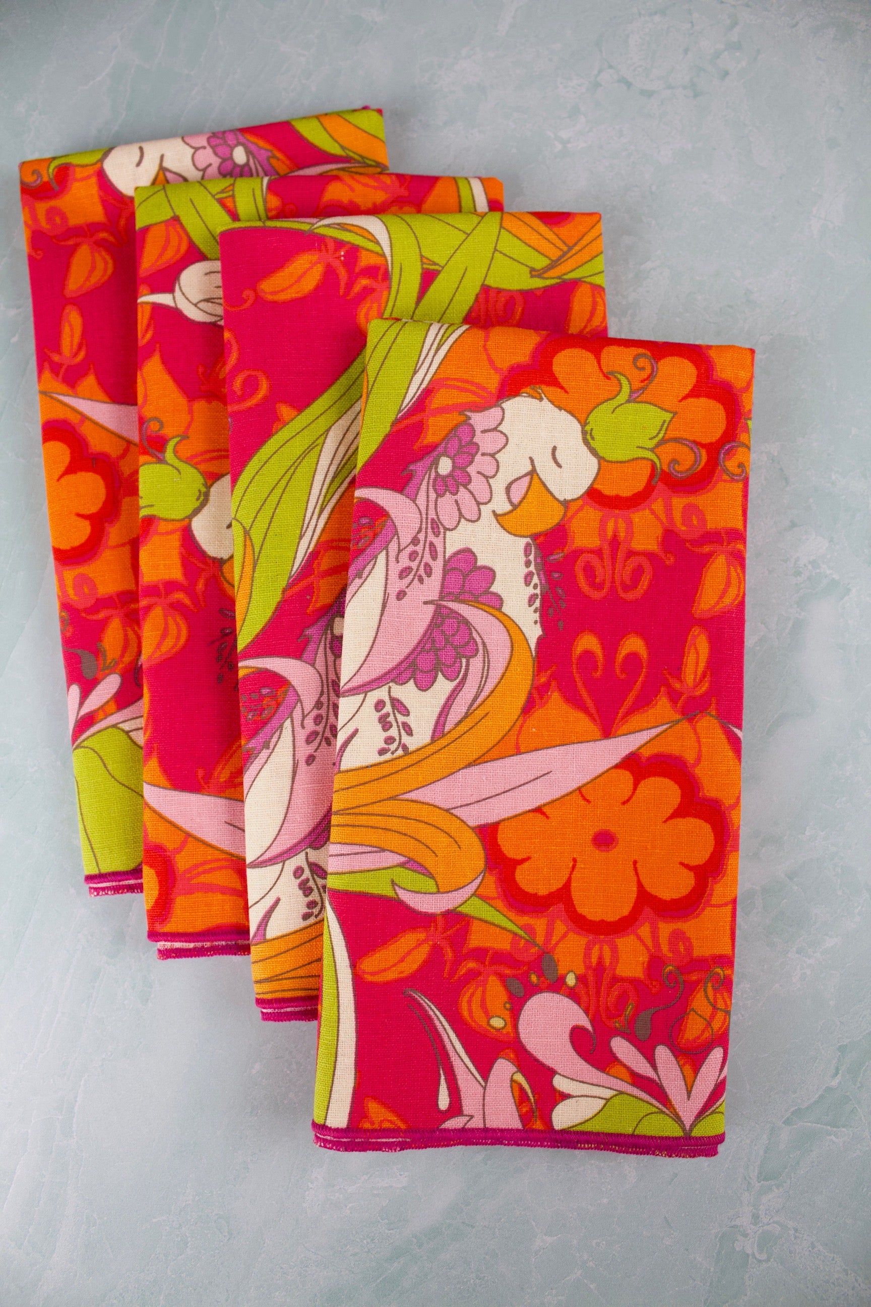 Bird of Paradise Linen Napkins - (Set of 4)-The Blue Peony-Animal_Bird,Category_Napkins,Category_Table Linens,Color_Orange,Color_Pink,Department_Kitchen,Material_Linen,Pattern_Floral