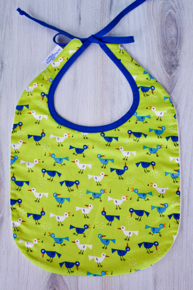 Bitsy the Bird Bib-The Blue Peony-Animal_Bird,Category_Bib,Color_Blue,Color_Lime Green,Department_Organic Baby,Material_Organic Cotton,Pattern_Ed Emberley's Animals,Theme_Animal