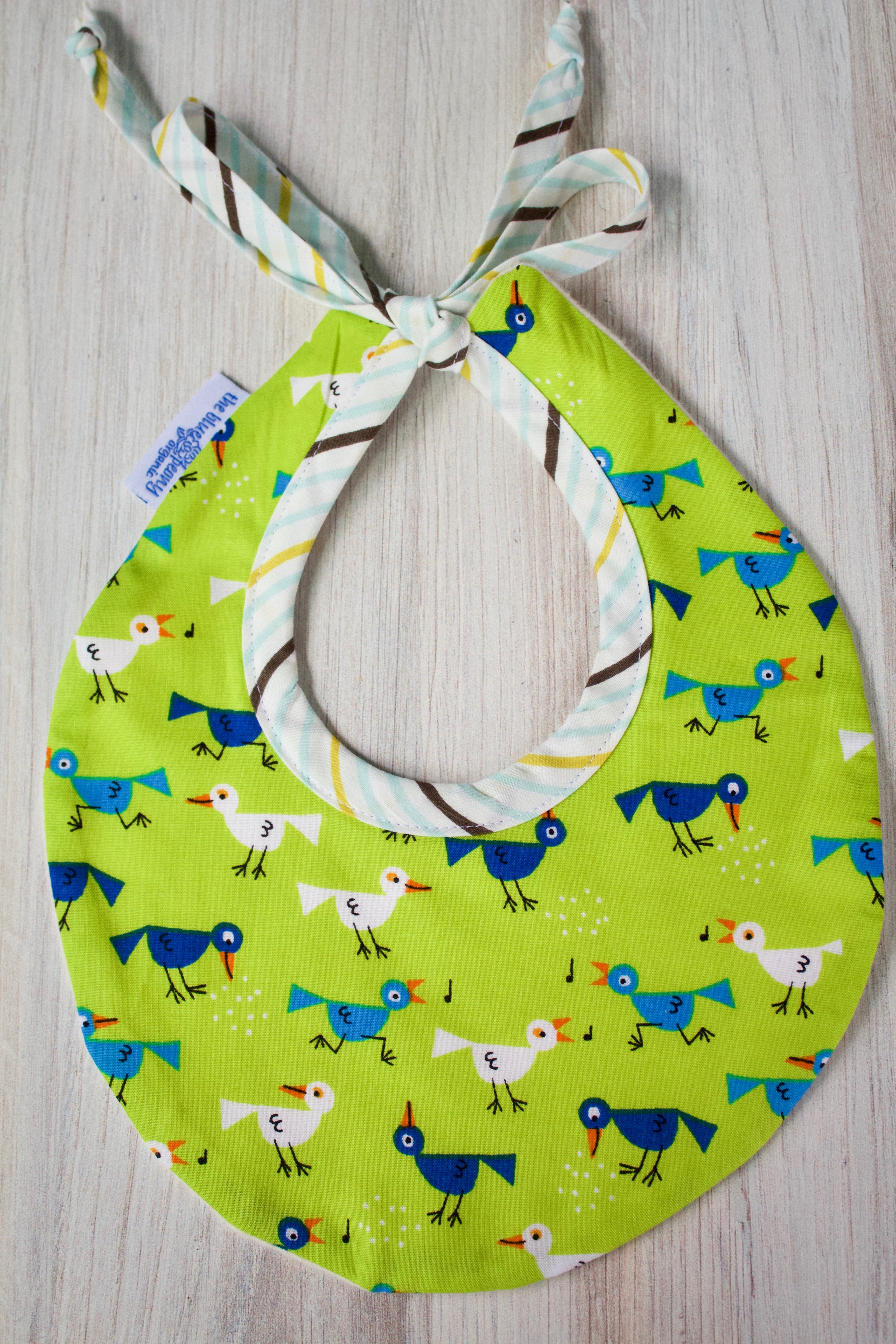 Bitsy the Bird Bib-The Blue Peony-Animal_Bird,Category_Bib,Color_Blue,Color_Lime Green,Department_Organic Baby,Material_Organic Cotton,Pattern_Ed Emberley's Animals,Theme_Animal