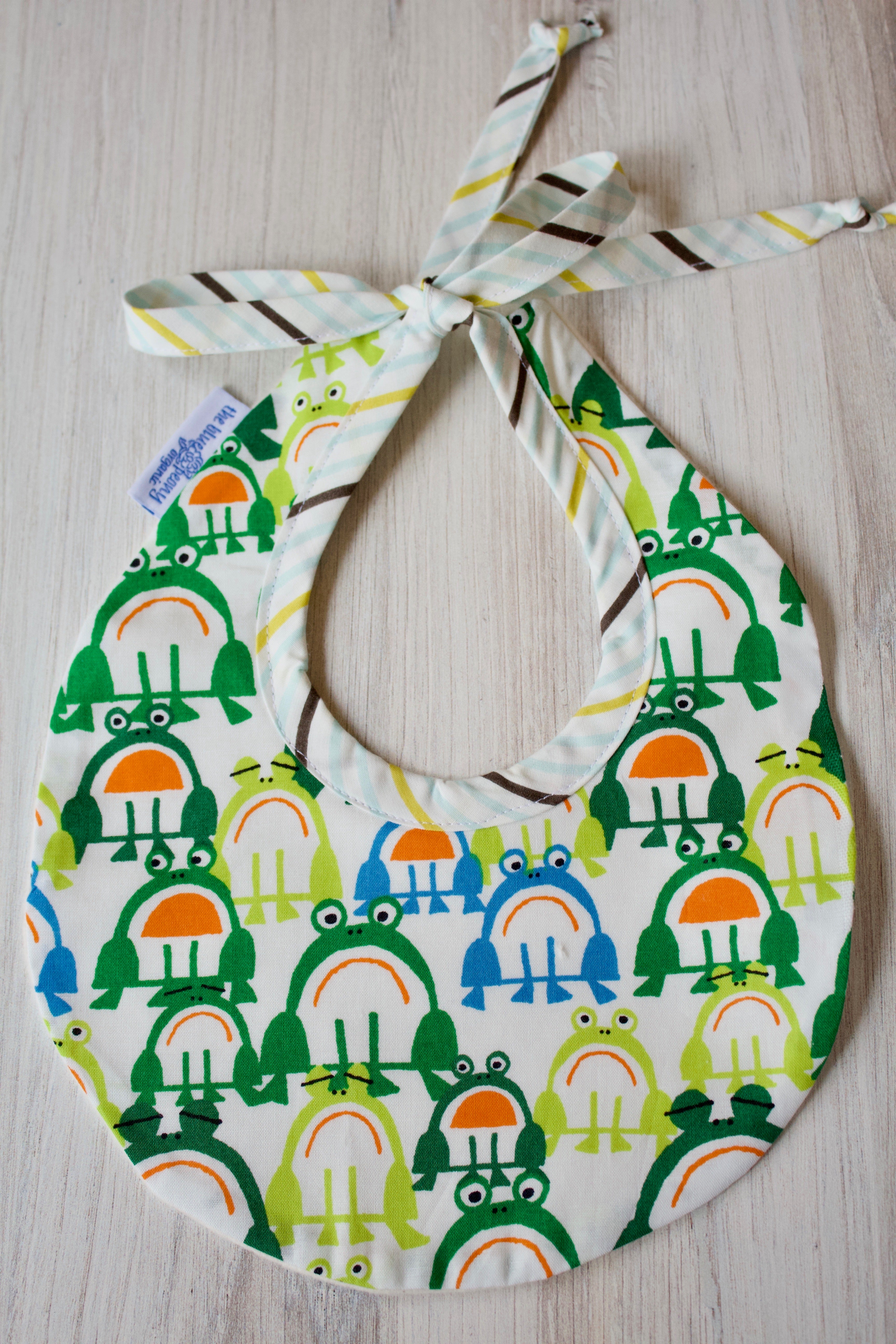 Bobby the Frog Bib-The Blue Peony-Animal_Frog,Category_Bib,Color_Blue,Color_Green,Department_Organic Baby,Material_Organic Cotton,Pattern_Ed Emberley's Animals,Theme_Animal