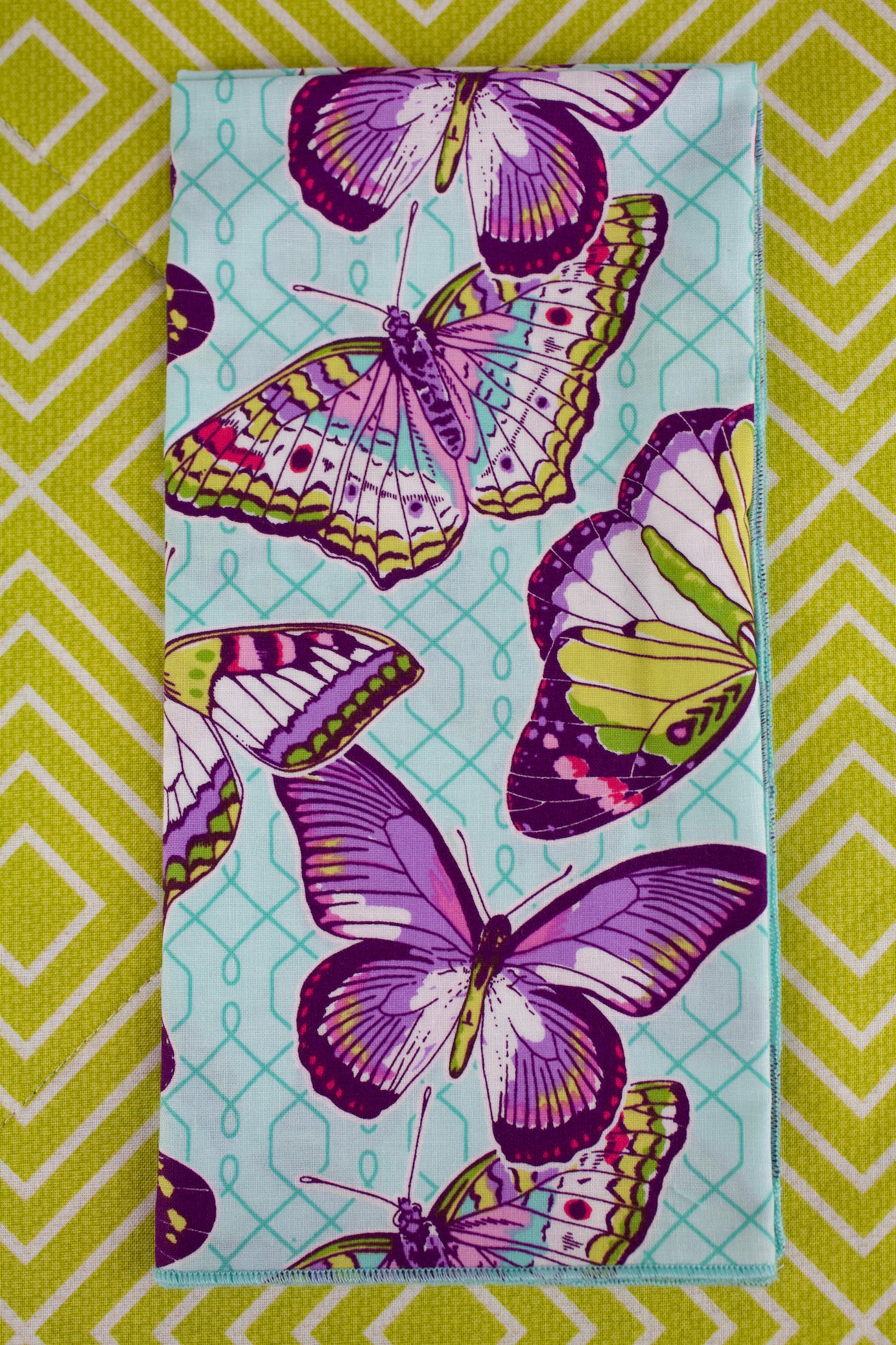 Butterfly Flutter Napkins - (Set of 4)-The Blue Peony-Animal_Butterfly,Category_Napkins,Category_Table Linens,Color_Aqua,Color_Lime Green,Color_Purple,Department_Kitchen,Material_Cotton,Theme_Animal,Theme_Spring