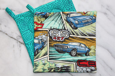 Camaro Road Potholder-The Blue Peony-Category_Pot Holder,Color_Blue,Color_Teal,Department_Kitchen,Size_Traditional (Square),Theme_Transportation