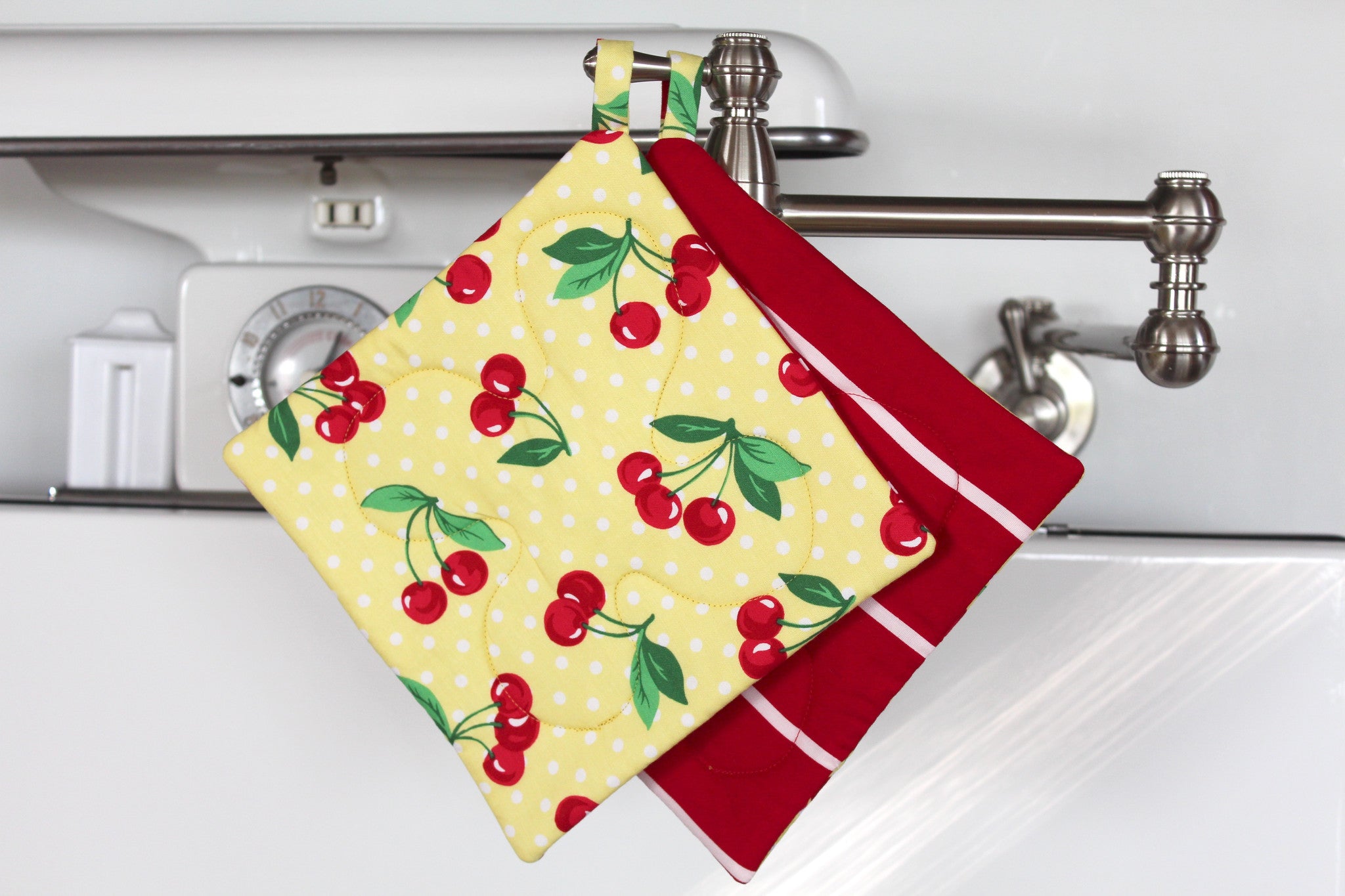 Cherry Dot Potholder - Yellow-The Blue Peony-Category_Pot Holder,Color_Red,Color_Yellow,Department_Kitchen,Pattern_Stripes,Size_Traditional (Square),Theme_Food
