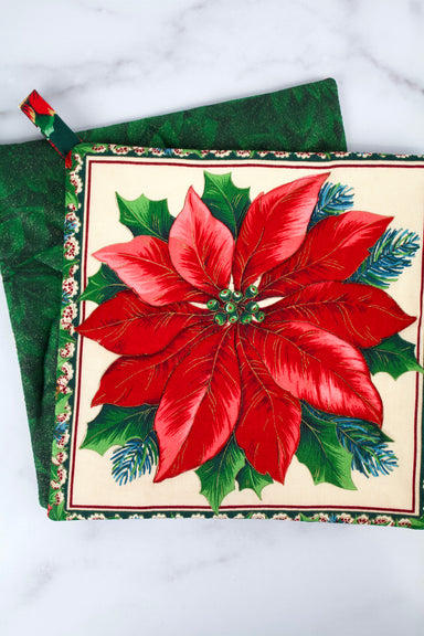 Framed Poinsettia Potholder-The Blue Peony-Category_Pot Holder,Color_Cream,Color_Green,Color_Maroon,Color_Red,Department_Kitchen,Pattern_Floral,Size_Traditional (Square),Theme_Christmas,Theme_Winter