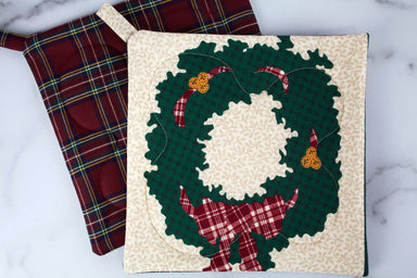 Country Christmas Potholder-The Blue Peony-Category_Pot Holder,Color_Green,Color_Maroon,Color_Red,Department_Kitchen,Pattern_Plaid,Size_Traditional (Square),Theme_Christmas,Theme_Winter