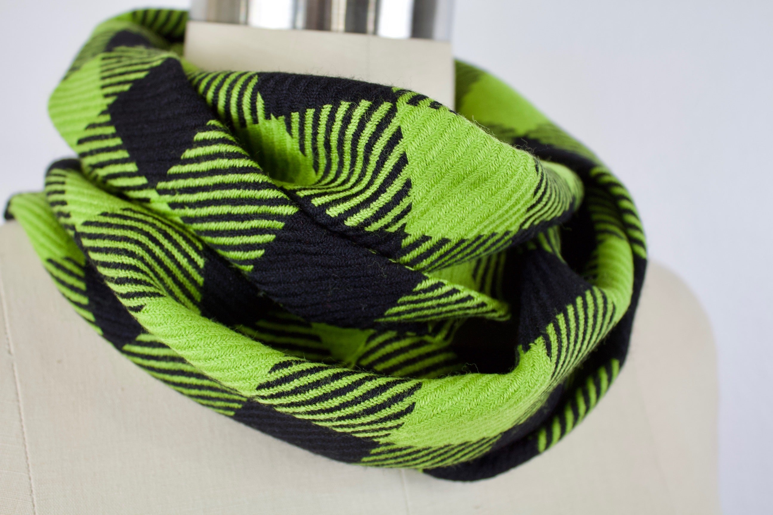 Dionne Infinity Scarf-The Blue Peony-Category_Infinity Scarf,Color_Black,Color_Lime Green,Department_Personal Accessory,Material_Wool,Pattern_Plaid