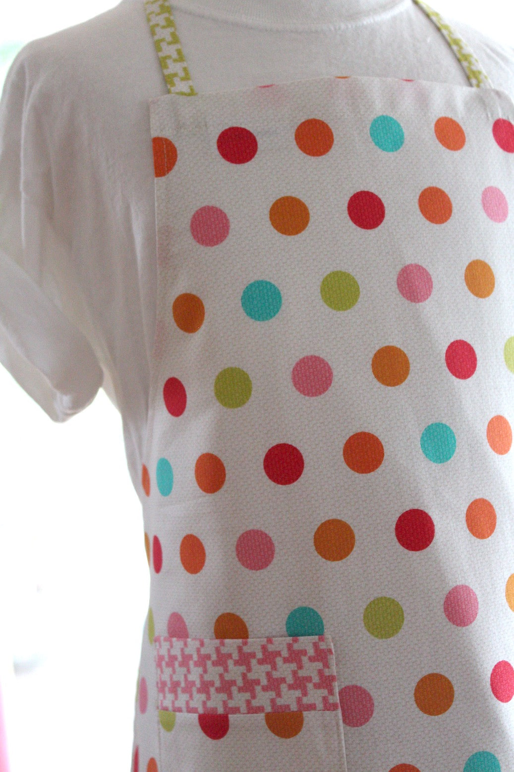 Candy Buttons Kid's Apron-The Blue Peony-Age Group_Kids,Category_Apron,Color_Aqua,Color_Cream,Color_Pink,Department_Kitchen,Gender_Girls,Material_Cotton,Pattern_Polka Dot,Size_Medium (ages 6-11),Size_Small (ages up to 5),Theme_Spring