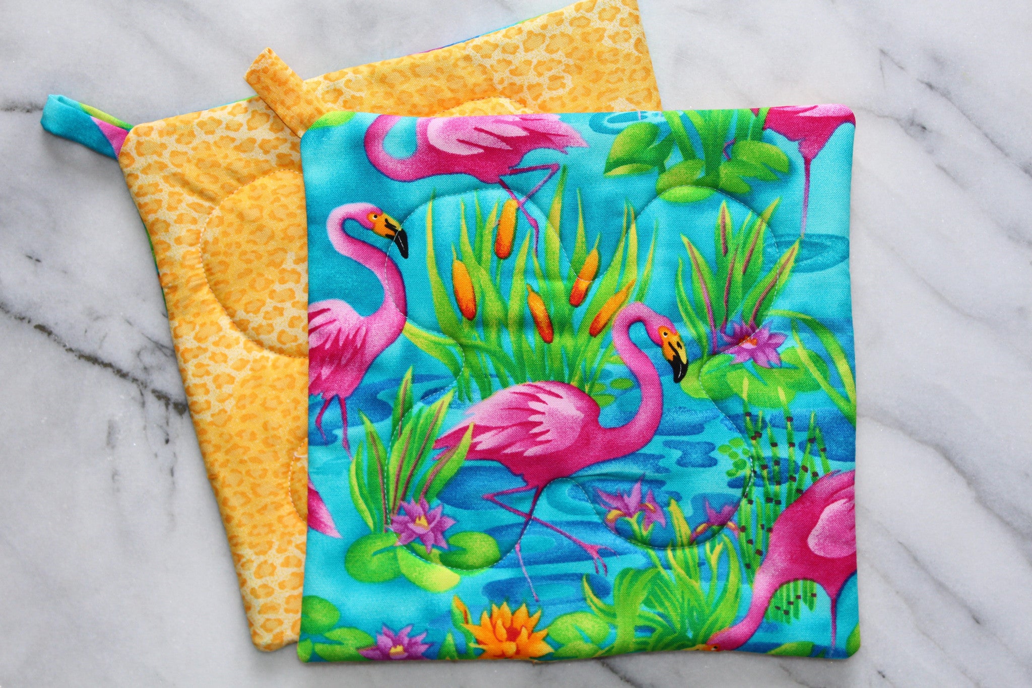 Florida Flamingo Potholder (more colors available)-The Blue Peony-Animal_Flamingo,Category_Pot Holder,Color_Lime Green,Color_Pink,Color_Teal,Department_Kitchen,Pattern_Animal Print,Size_Traditional (Square),Theme_Animal,Theme_Summer,Theme_Tropical