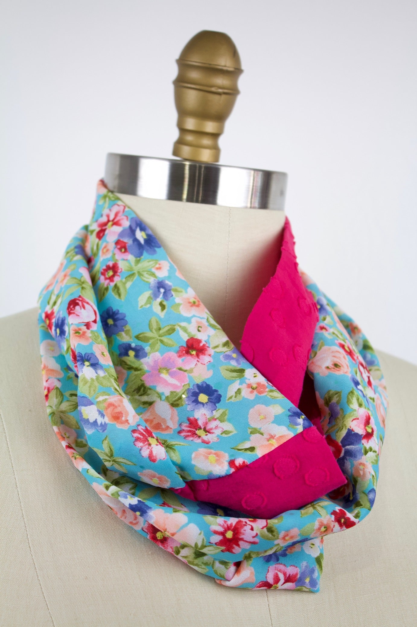 Garden Party Infinity Scarf-The Blue Peony-Category_Infinity Scarf,Color_Blue,Color_Pink,Department_Personal Accessory,Material_Cotton,Material_Polyester,Pattern_Floral,Pattern_Polka Dot