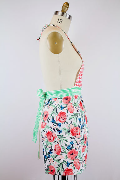 Climbing Roses Apron-The Blue Peony-Age Group_Adult,Apron Style_Vintage Feminine,Category_Apron,Color_Green,Color_Pink,Department_Kitchen,Material_Cotton,Pattern_Floral,Theme_Spring