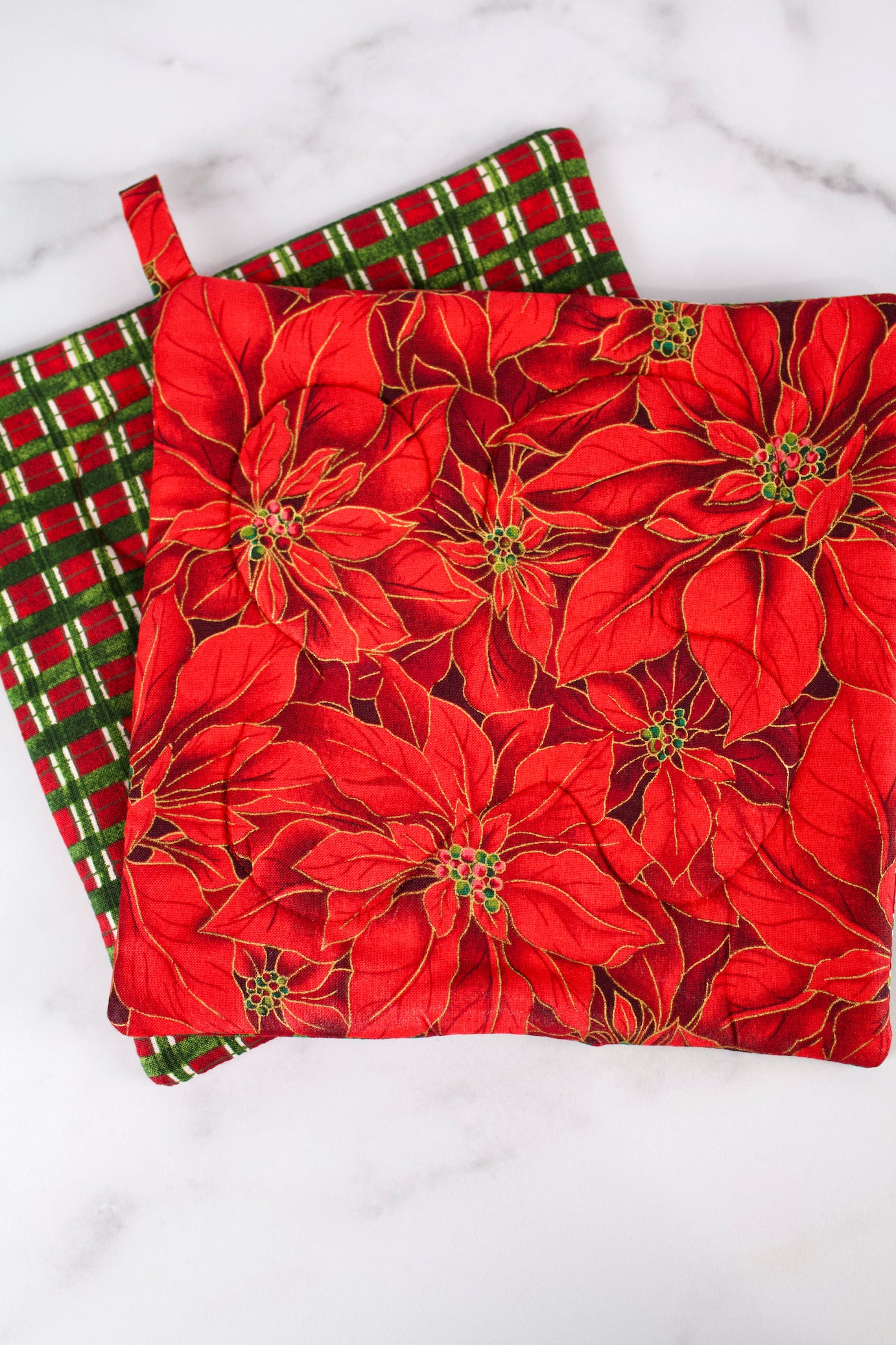 Grace Poinsettia Potholder-The Blue Peony-Category_Pot Holder,Color_Maroon,Color_Red,Department_Kitchen,Pattern_Floral,Size_Traditional (Square),Theme_Christmas,Theme_Winter