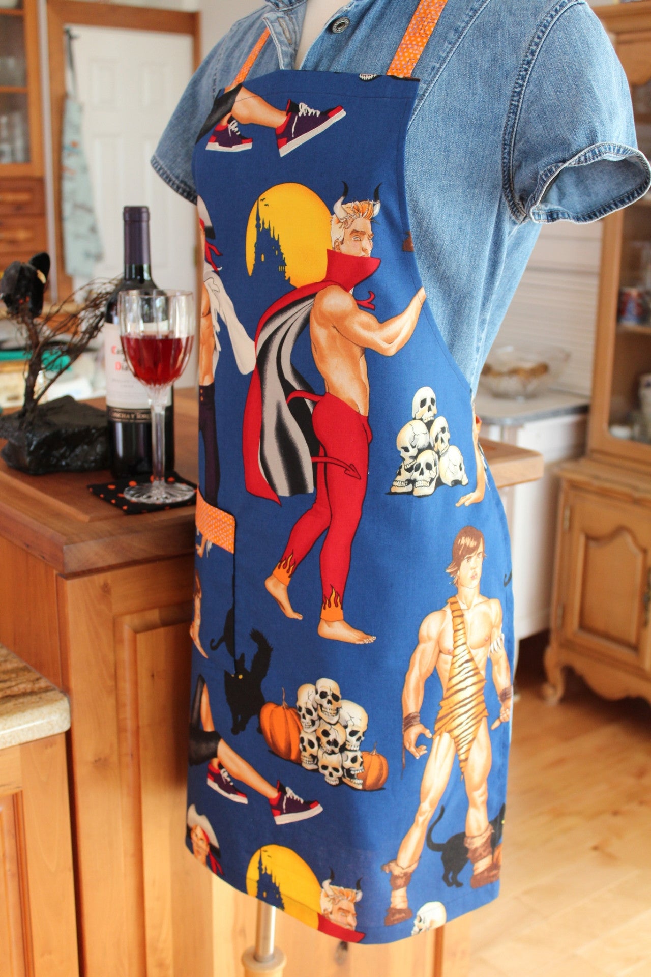 Haunting Hunks Apron-The Blue Peony-Age Group_Adult,Apron Style_Chef,Category_Apron,Color_Blue,Department_Kitchen,Material_Cotton,Theme_Halloween,Theme_Hunks