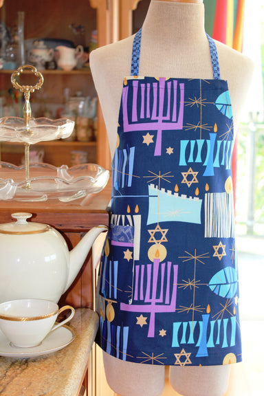 Hanukkah Kid's Apron-The Blue Peony-Age Group_Kids,Category_Apron,Color_Blue,Department_Kitchen,Gender_Boys,Gender_Girls,Material_Cotton,Size_Medium (ages 6-11),Size_Small (ages up to 5),Theme_Hanukkah