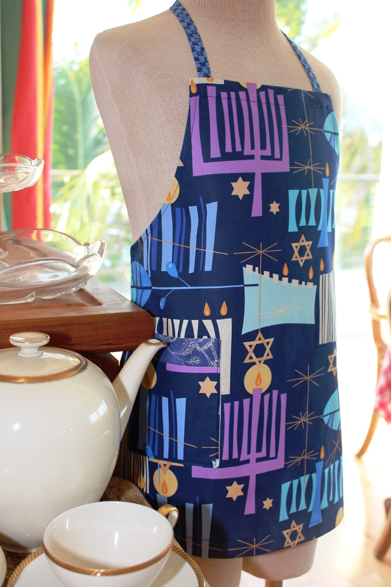 Hanukkah Kid's Apron-The Blue Peony-Age Group_Kids,Category_Apron,Color_Blue,Department_Kitchen,Gender_Boys,Gender_Girls,Material_Cotton,Size_Medium (ages 6-11),Size_Small (ages up to 5),Theme_Hanukkah