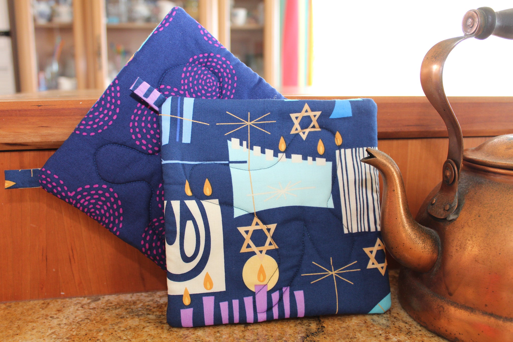 Hanukkah Potholder-The Blue Peony-Category_Pot Holder,Color_Blue,Color_Grey,Color_Purple,Department_Kitchen,Size_Traditional (Square),Theme_Hanukkah