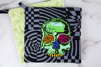Head Trip Potholder-The Blue Peony-Category_Pot Holder,Color_Black,Color_Yellow,Department_Kitchen,Size_Traditional (Square),Theme_Halloween