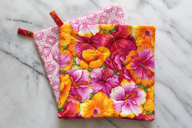 Hibiscus Potholder-The Blue Peony-Category_Pot Holder,Color_Orange,Color_Pink,Department_Kitchen,Pattern_Floral,Size_Traditional (Square),Theme_Tropical