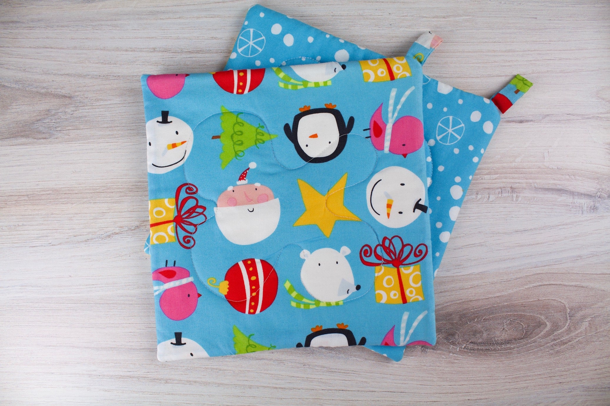 Winter Friends Potholder-The Blue Peony-Animal_Bird,Animal_Penguin,Category_Pot Holder,Color_Aqua,Color_Blue,Department_Kitchen,Size_Traditional (Square),Theme_Animal,Theme_Winter