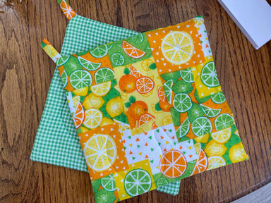 Citrus Stand Potholder-The Blue Peony-Category_Pot Holder,Color_Lime Green,Color_Orange,Color_Yellow,Department_Kitchen,Pattern_Gingham,Size_Traditional (Square),Theme_Food