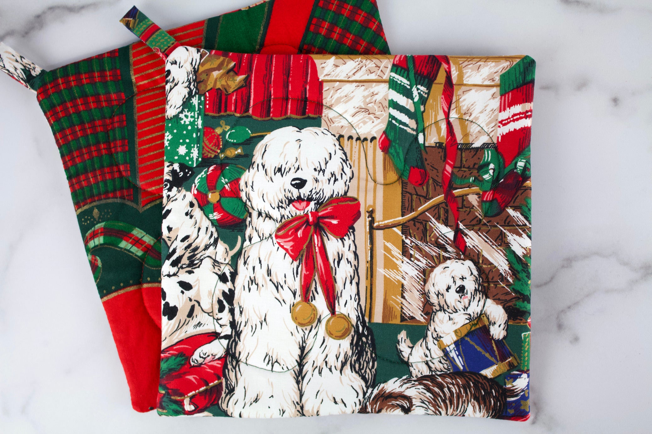 It's a Dog's Life at Christmas Potholder-The Blue Peony-Animal_Dog,Category_Pot Holder,Color_Green,Color_Red,Department_Kitchen,Size_Traditional (Square),Theme_Animal,Theme_Christmas,Theme_Winter